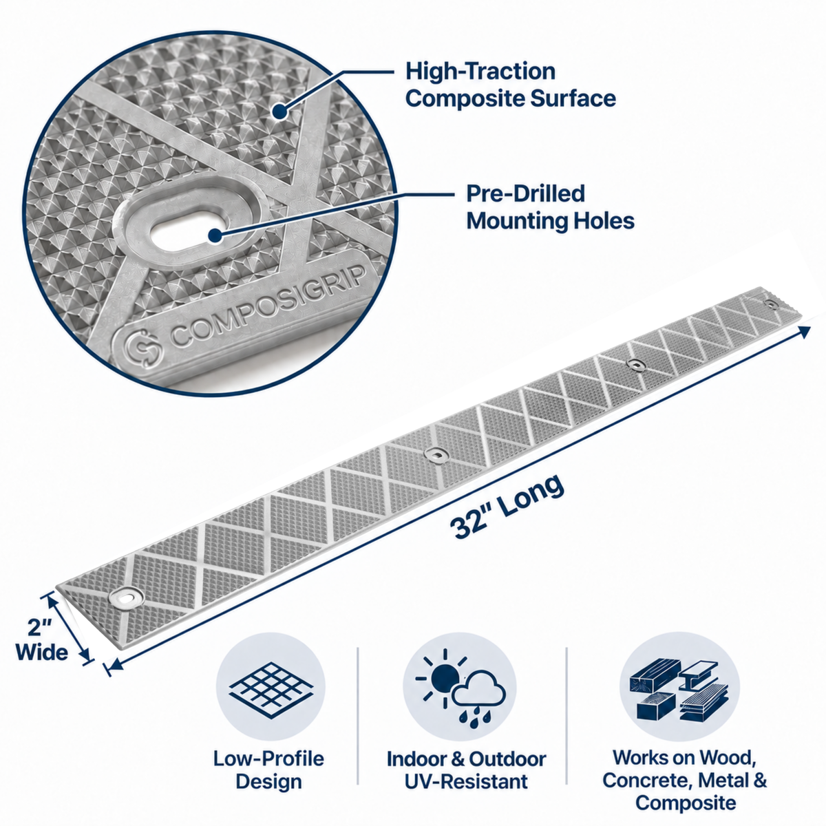 ComposiGrip™ Gray Non-Slip Stair Strips | 2-Inch Wide Anti-Slip Safety Strips