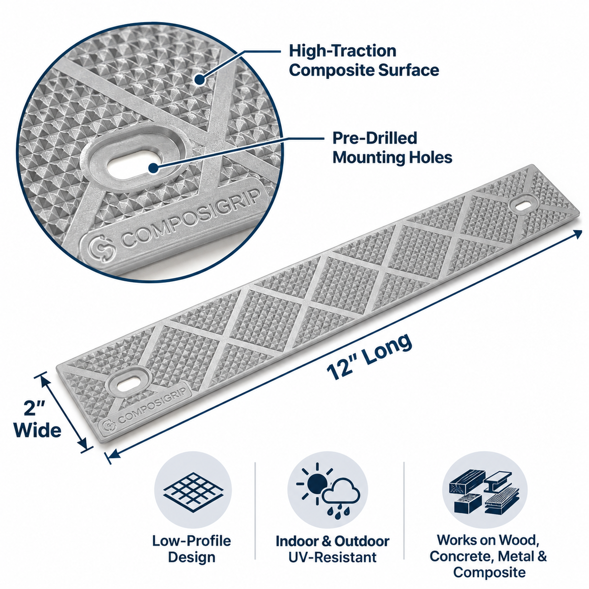 ComposiGrip™ Gray Non-Slip Stair Strips | 2-Inch Wide Anti-Slip Safety Strips