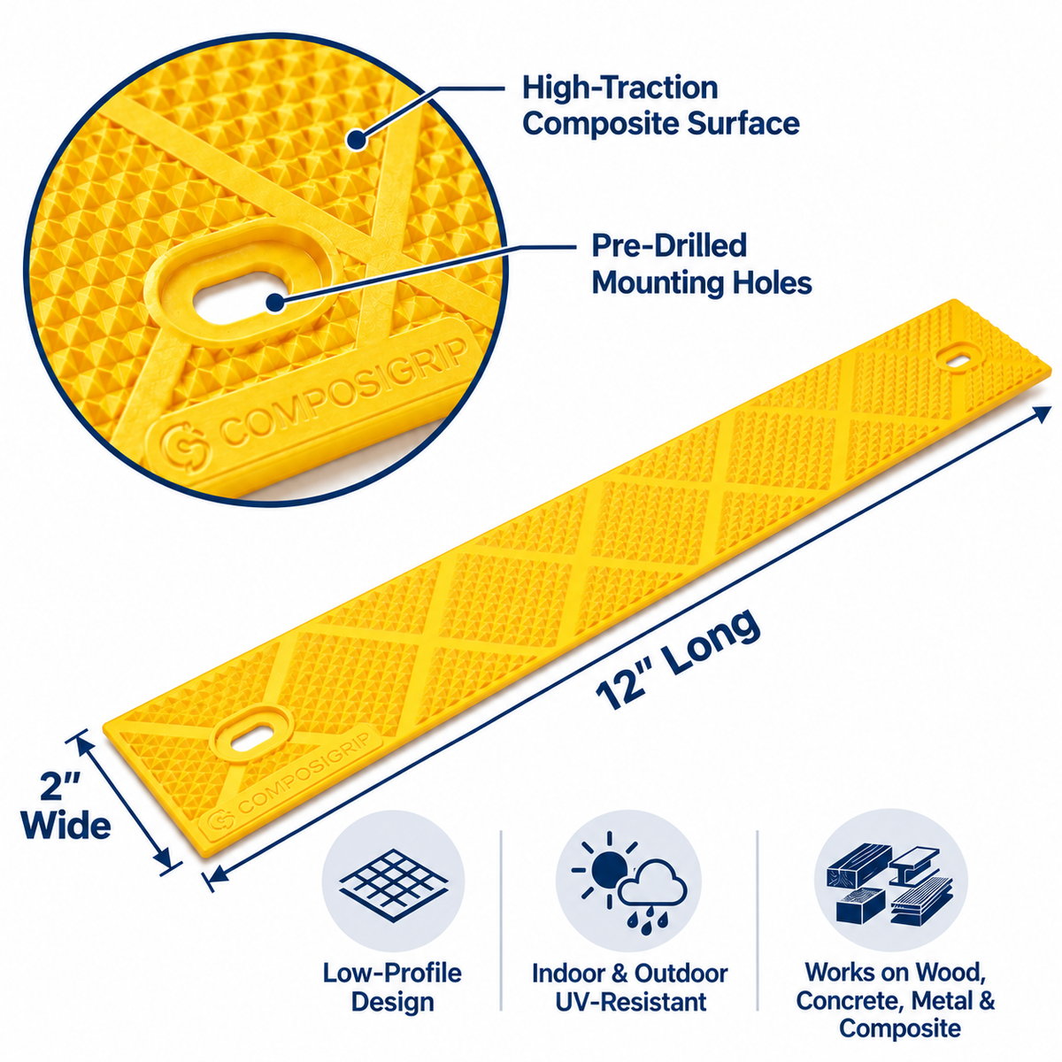 ComposiGrip™ Safety Yellow Non-Slip Stair Strips | 2-Inch Wide Anti-Slip Safety Strips