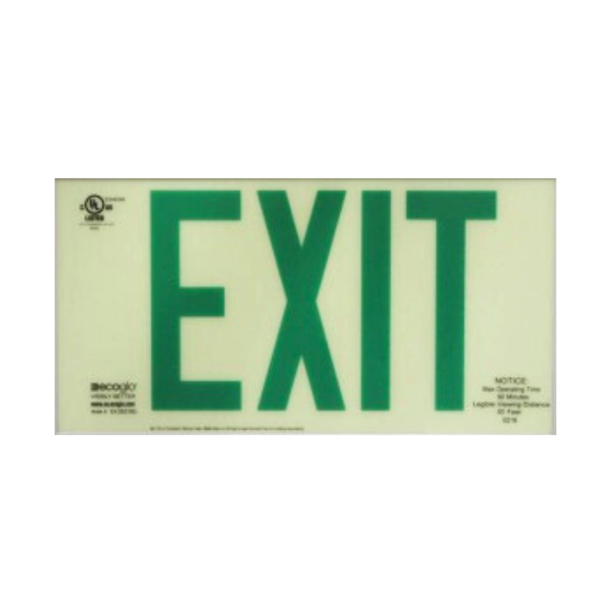 EX standard photoluminescent exit sign green letters UNFRAMED