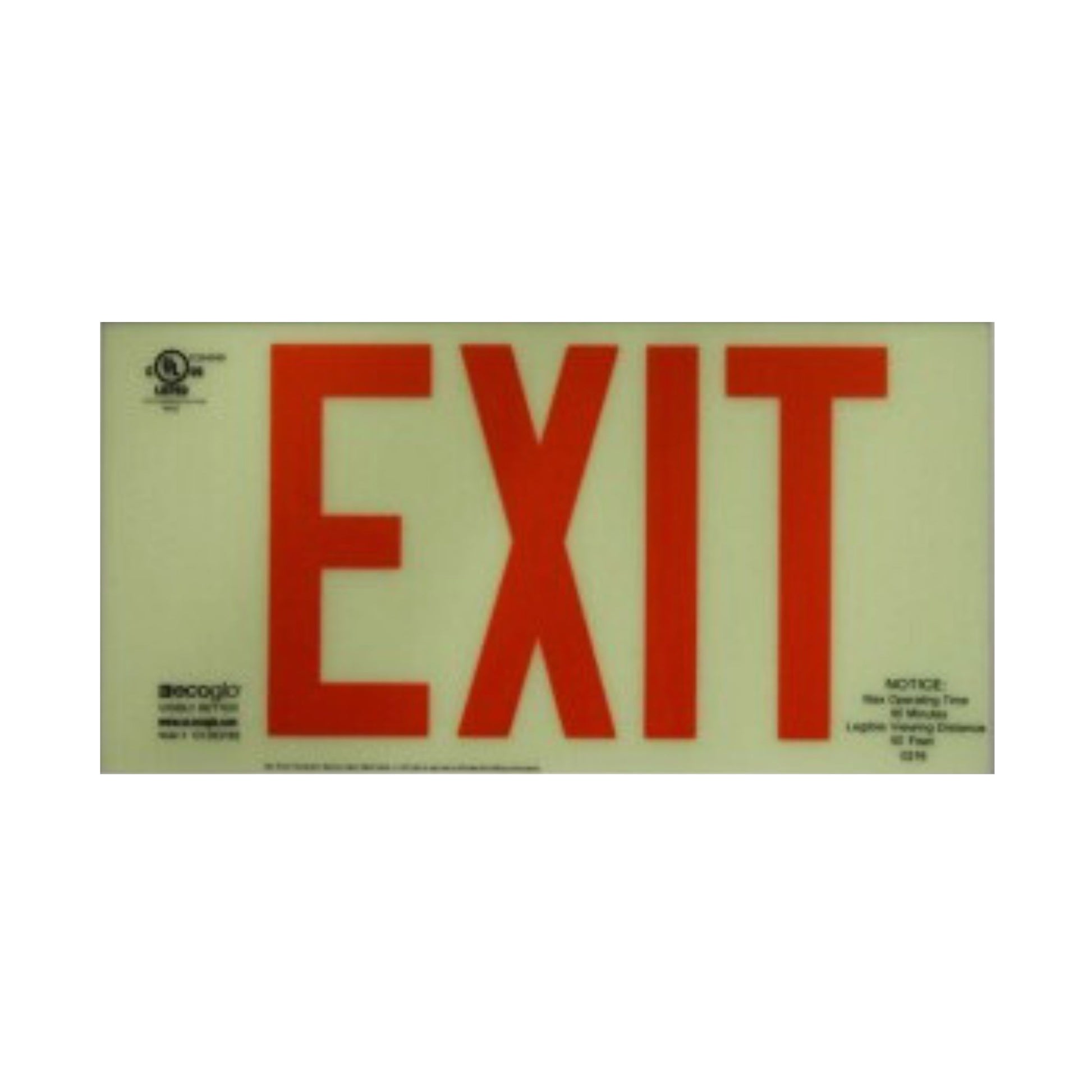 EX standard photoluminescent exit sign red letters UNFRAMED
