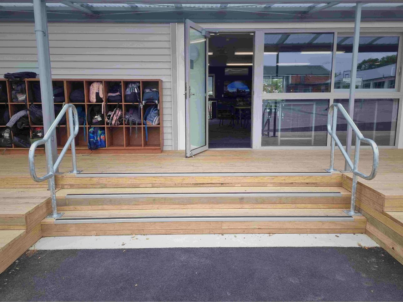 Nonslip strips installed on steps of a school