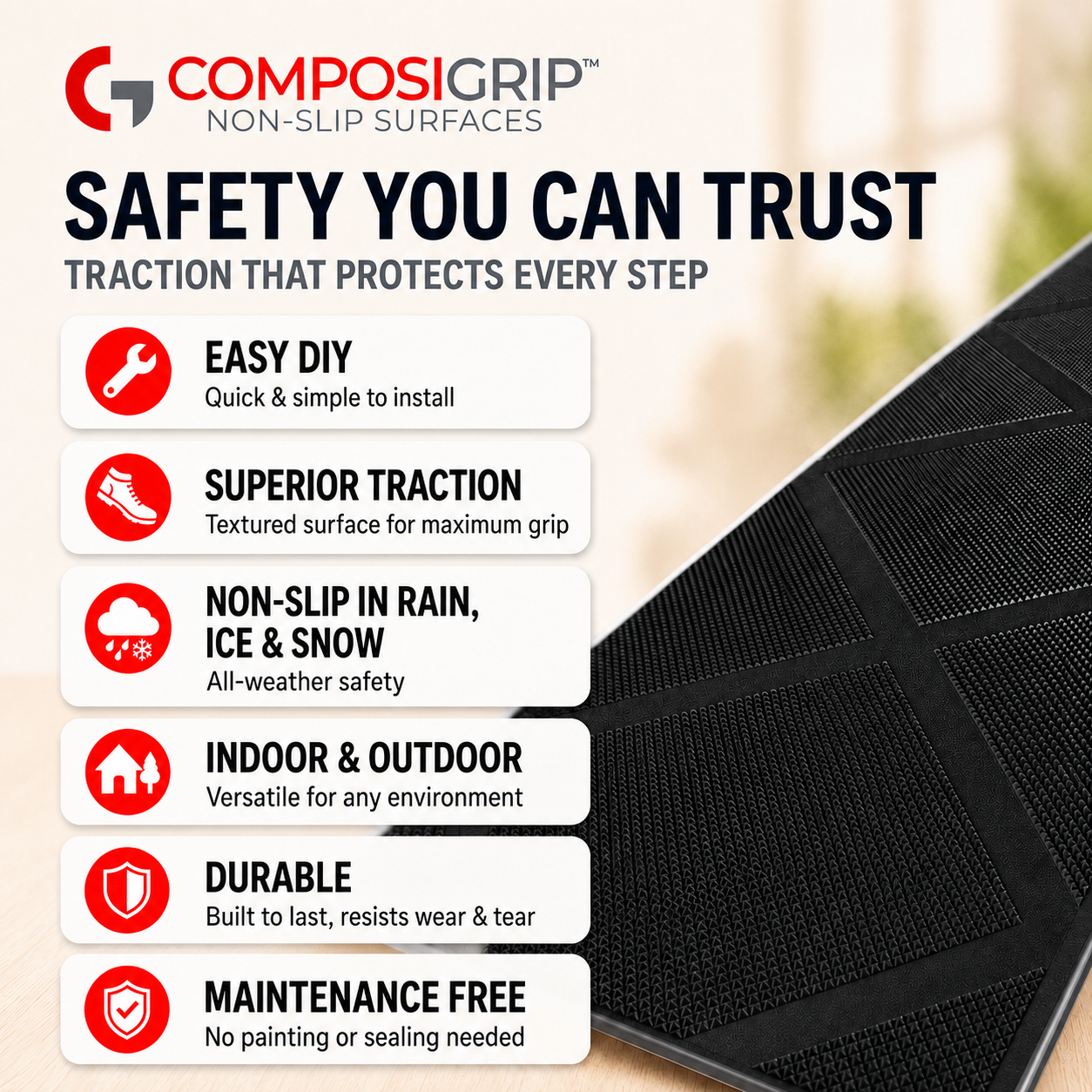 2 Pack Black 48" Non-Slip Stair ComposiGrip™ Tread Covers - FREE Shipping