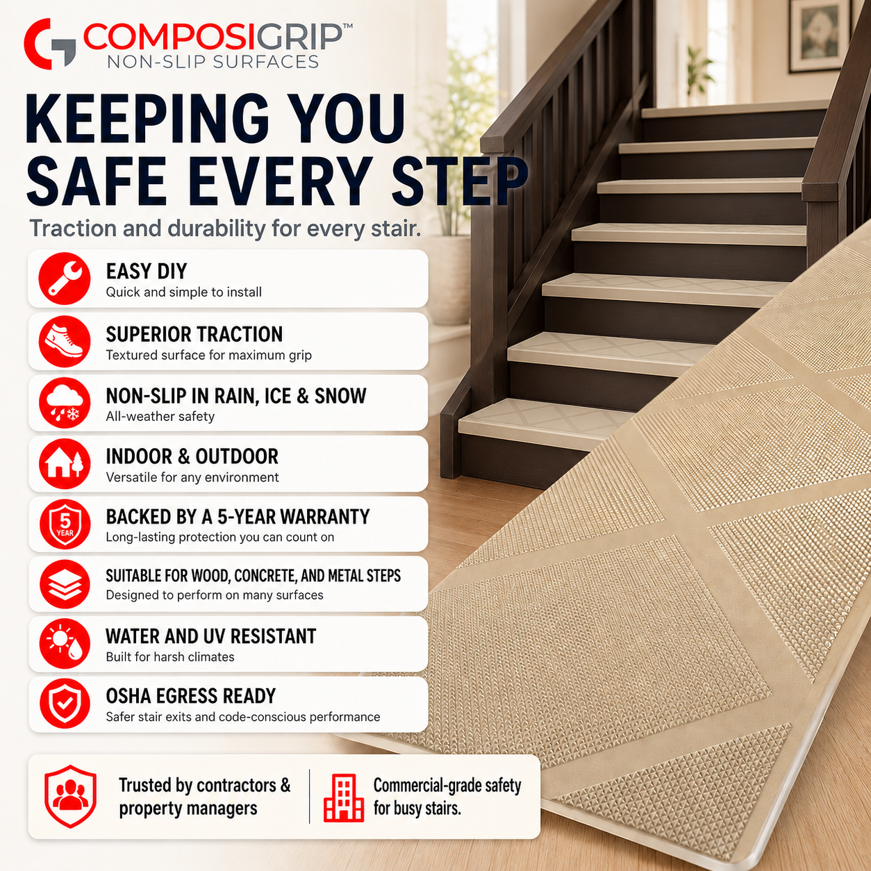 2 Pack Beige 48" Non-Slip Stair ComposiGrip™ Tread Covers - FREE Shipping