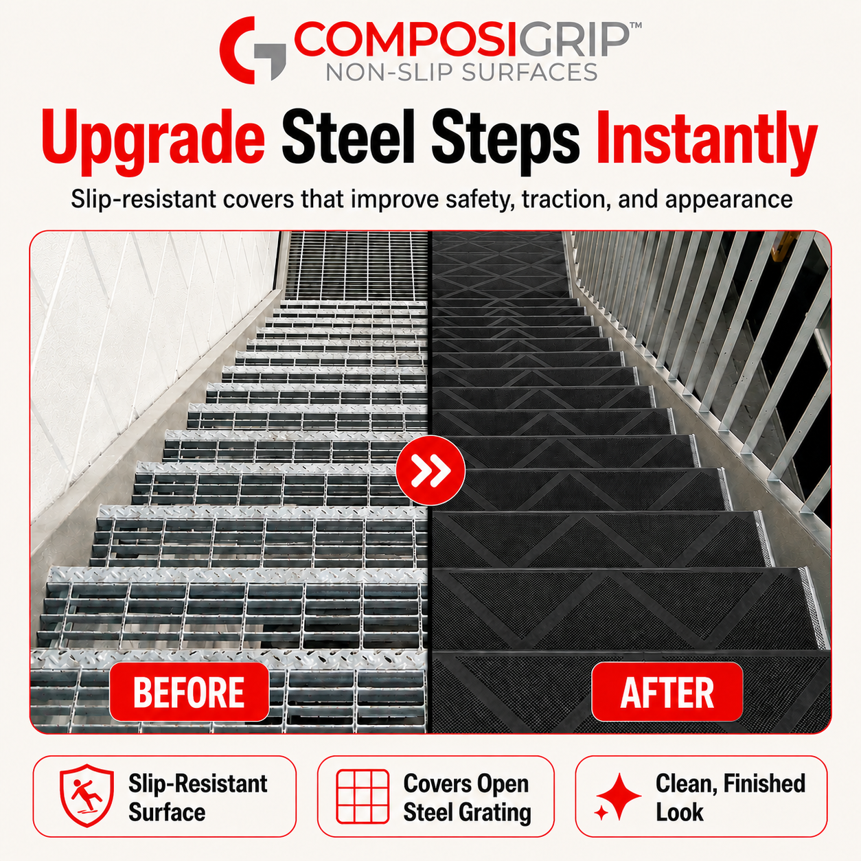 2 Pack Black 48" Non-Slip Stair ComposiGrip™ Tread Covers - FREE Shipping