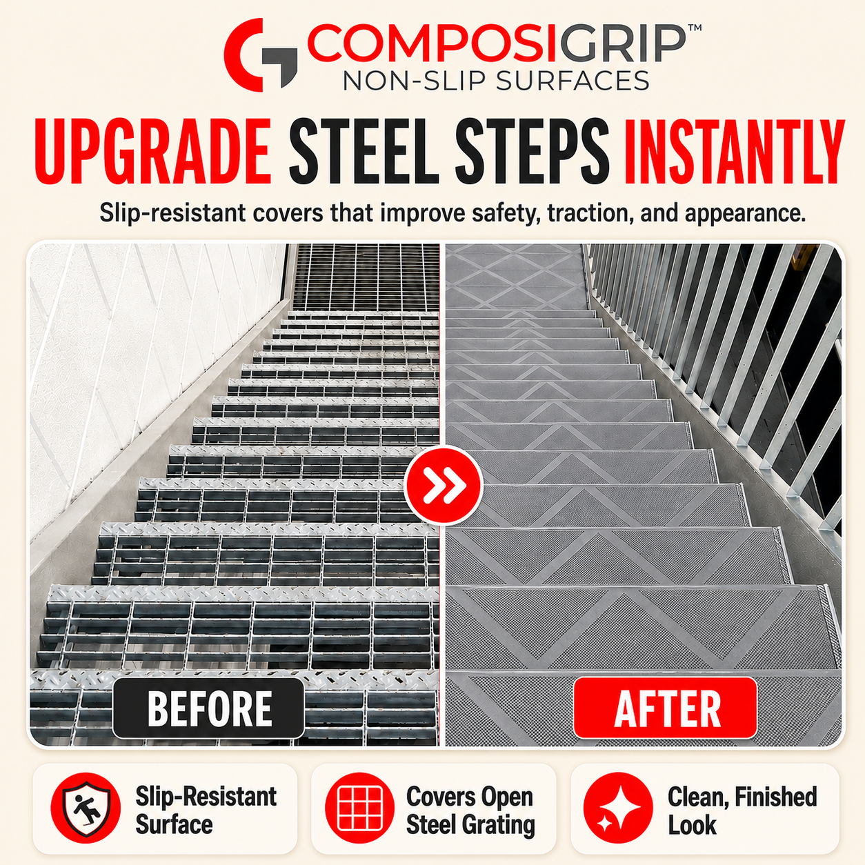2 Pack Gray 48" Non-Slip Stair ComposiGrip™ Tread Covers - FREE Shipping